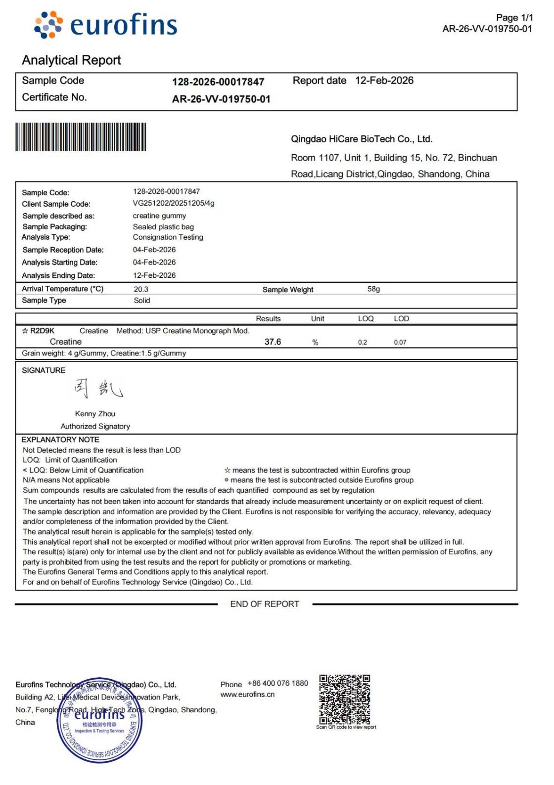 3rd Party Laboratory Report